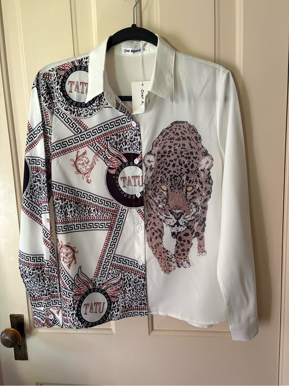 Over Apparel White Mixed-Print Collared Button-Up